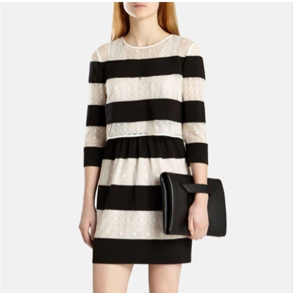 Karen Millen Black and White Striped 3/4 Sleeve Layered Lace Mini Dress Size 6